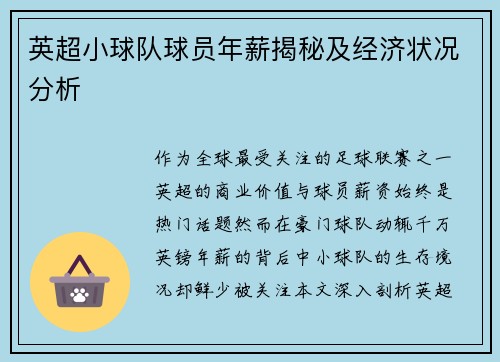 英超小球队球员年薪揭秘及经济状况分析